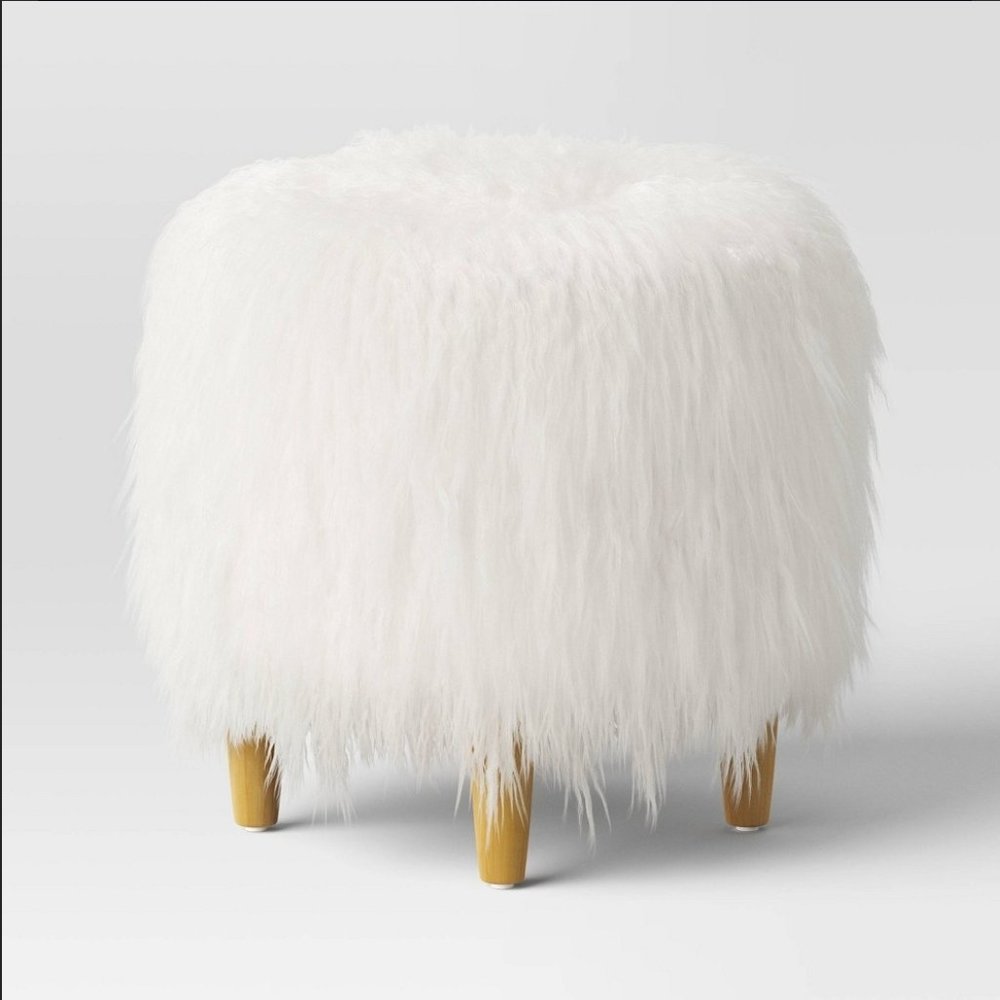 Threshold Holley Mongolian Fur and Wood Ottoman